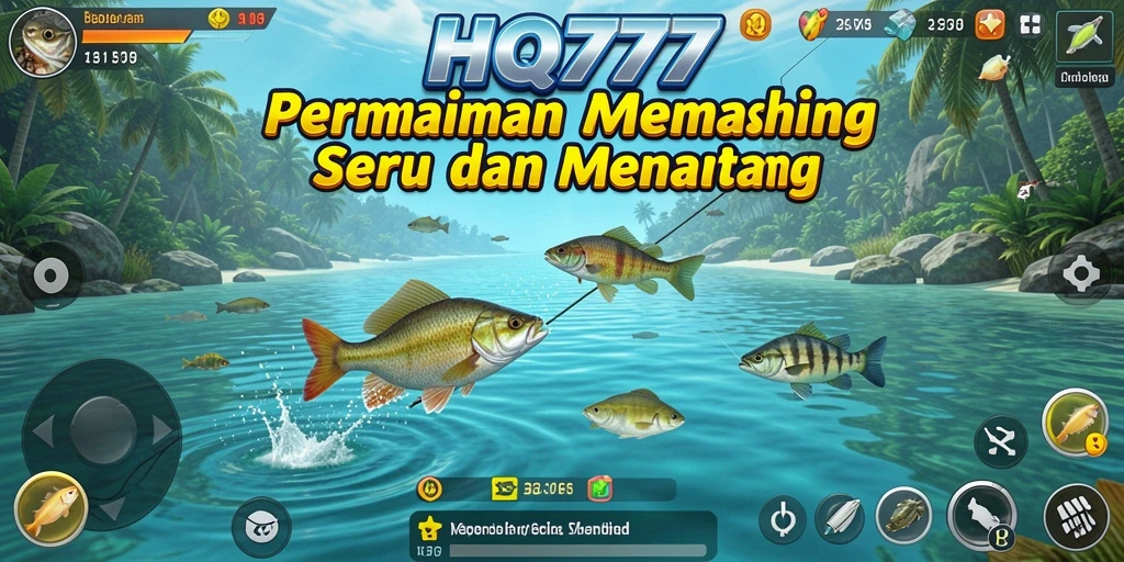 Tangkapan ikan besar dalam permainan HQ777 dengan latar belakang laut yang indah.