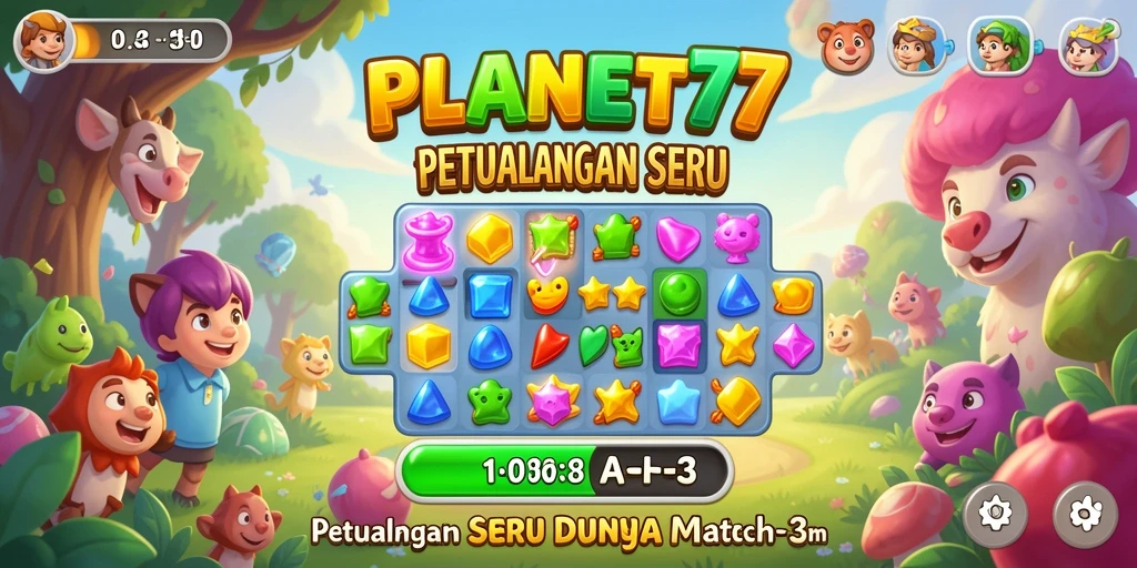 Screenshot gameplay menarik dari PLANET77 yang menunjukkan tantangan Match-3.