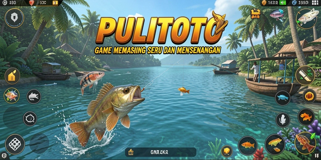 Screenshot gameplay PULITOTO menampilkan keindahan lokasi memancing dan ikan beragam.