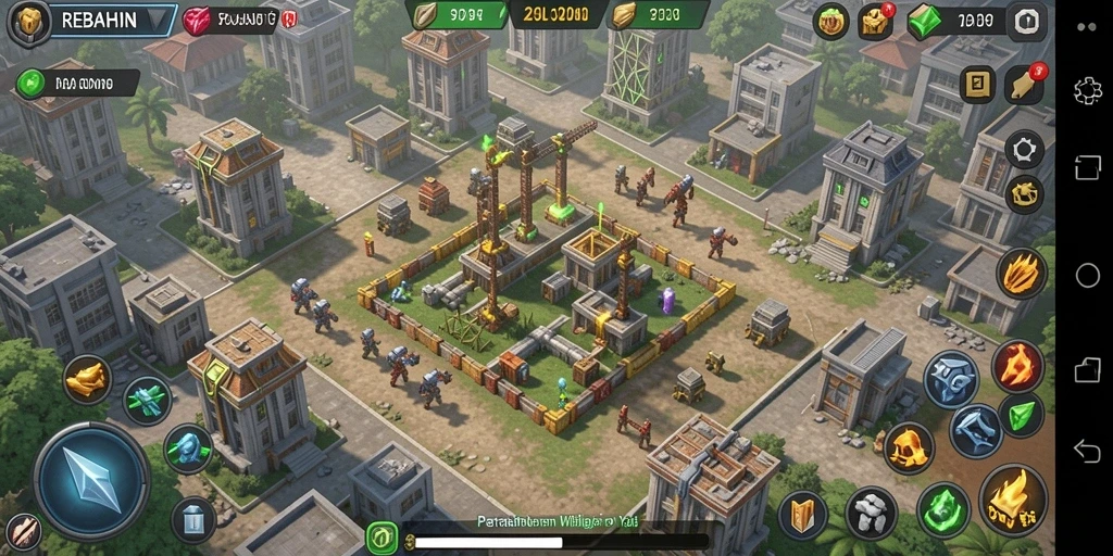 Grafik gameplay menegangkan di REBAHIN dengan menara dan musuh yang berinteraksi.
