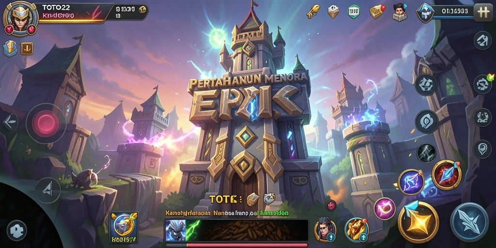 Tampilan gameplay TOTO22 dengan menara dan musuh yang mendebarkan.
