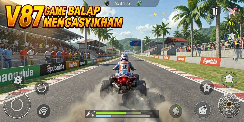 Tampilan gameplay V87 yang menegangkan dengan mobil balap dan trek yang dinamis.